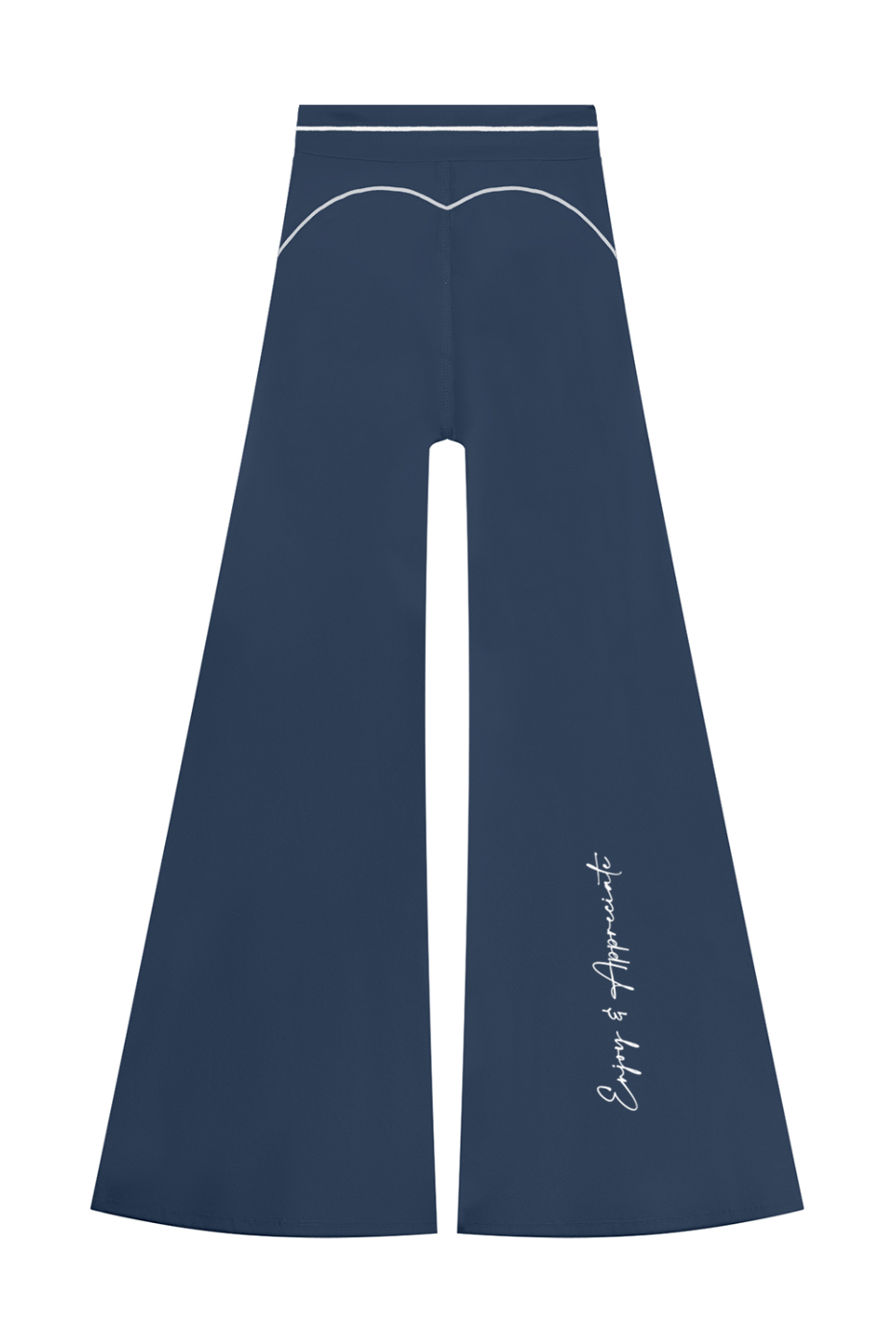 A pair of navy blue wide-leg pants with white contrast stitching, a decorative curved line near the waistband, and white script text on the lower left leg, shown against a plain white background.