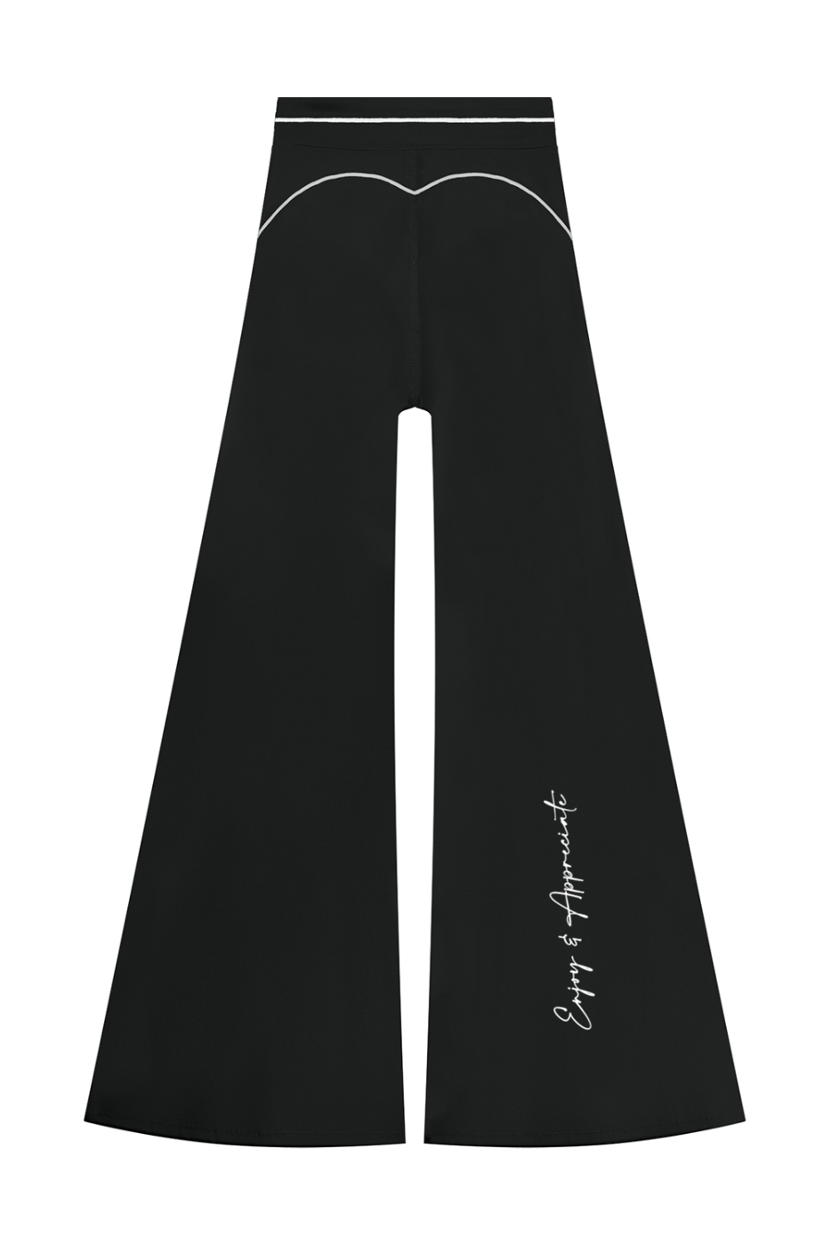 High Rise Flared Topstitching Pants in black with white contrast stitching, high waistband and Enjoy & Appreciate script on the lower leg, by Lilliroa