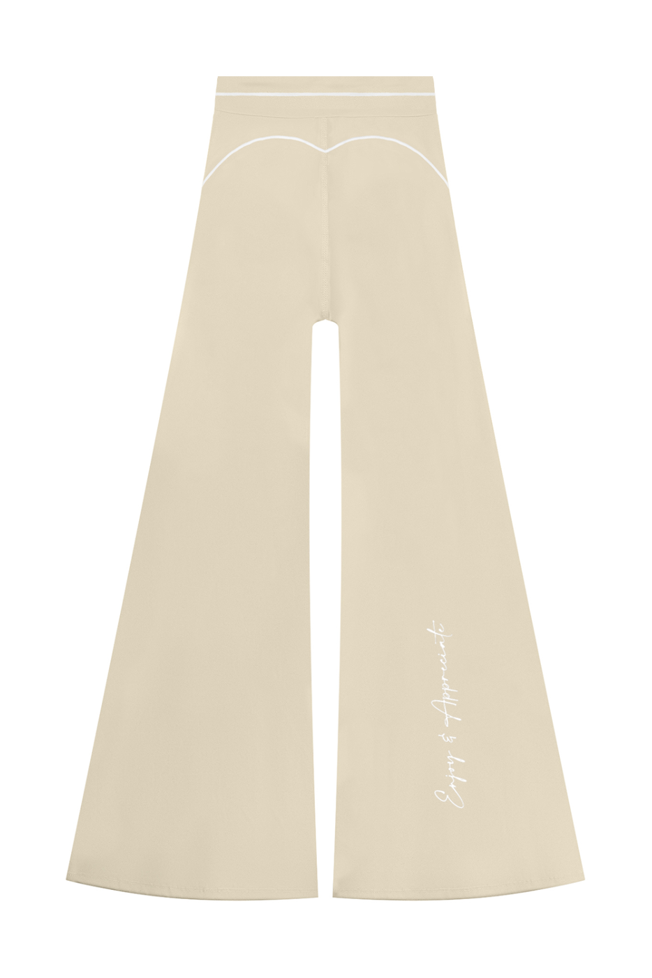 High Rise Flared Topstitching Pants in beige with white contrast stitching and Enjoy & Appreciate script on the lower leg, by Lilliroa