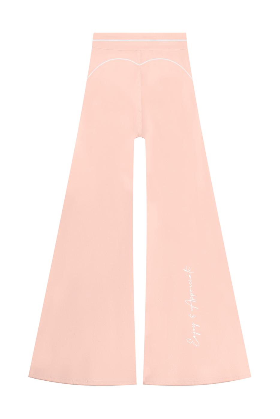 A pair of light peach-pink wide-leg pants with a high waist and white contrast stitching details, shown flat against a solid white background.