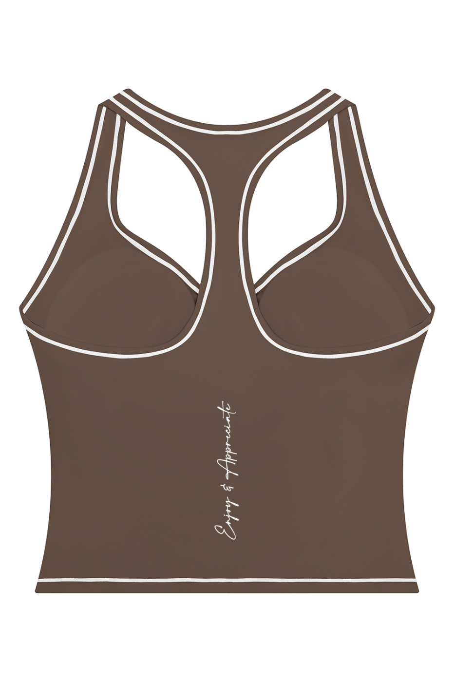 A brown racerback tank top with white contrast stitching and a small white script logo on the lower back, shown on a plain white background.