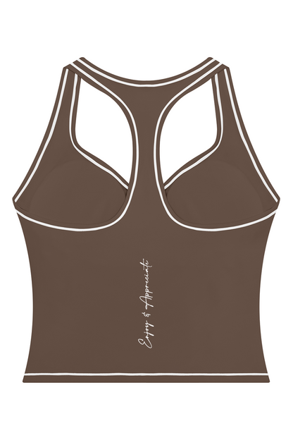 A brown racerback tank top with white contrast stitching and a small white script logo on the lower back, shown on a plain white background.