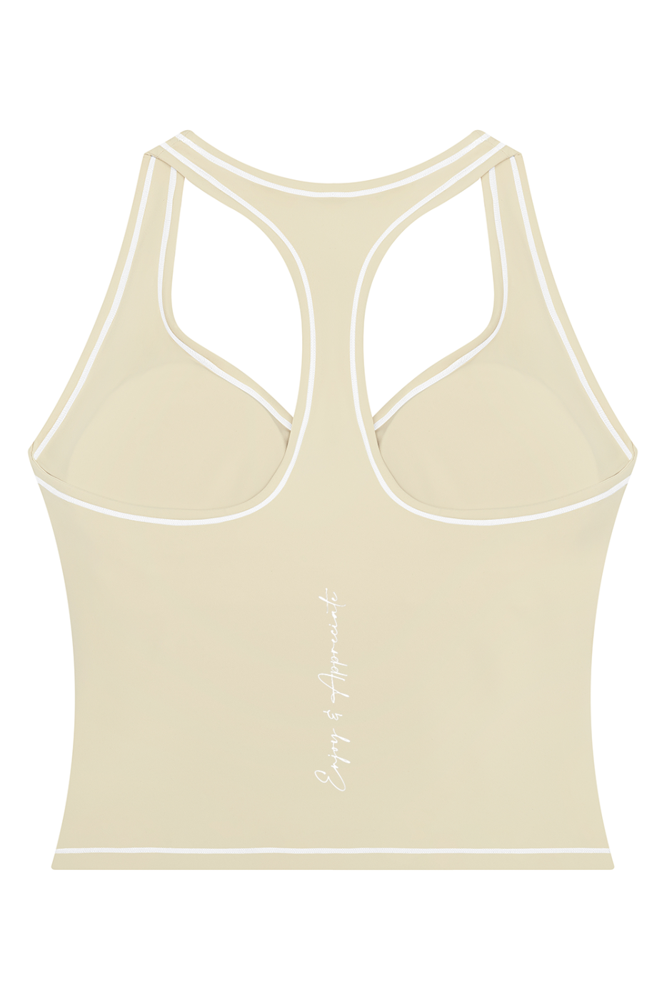 A light beige racerback tank top with white contrast trim and double shoulder straps, shown from the back on a solid white background.
