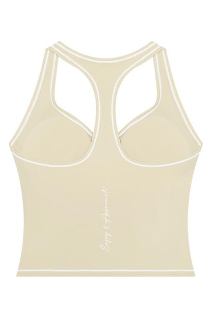 A light beige racerback tank top with white contrast trim and double shoulder straps, shown from the back on a solid white background.