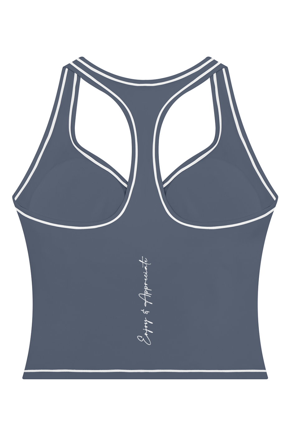 A dark slate blue racerback tank top with white contrast stitching and a small white script logo on the lower back, shown on a plain white background.