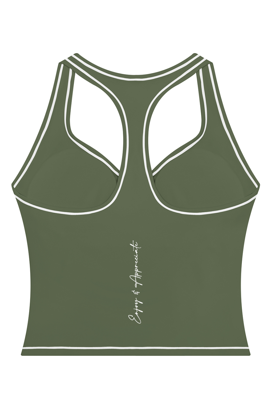 An olive green racerback tank top with white contrast stitching and a small white  brand print on the inner neck, shown on a plain white background.