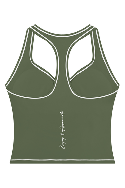An olive green racerback tank top with white contrast stitching and a small white  brand print on the inner neck, shown on a plain white background.