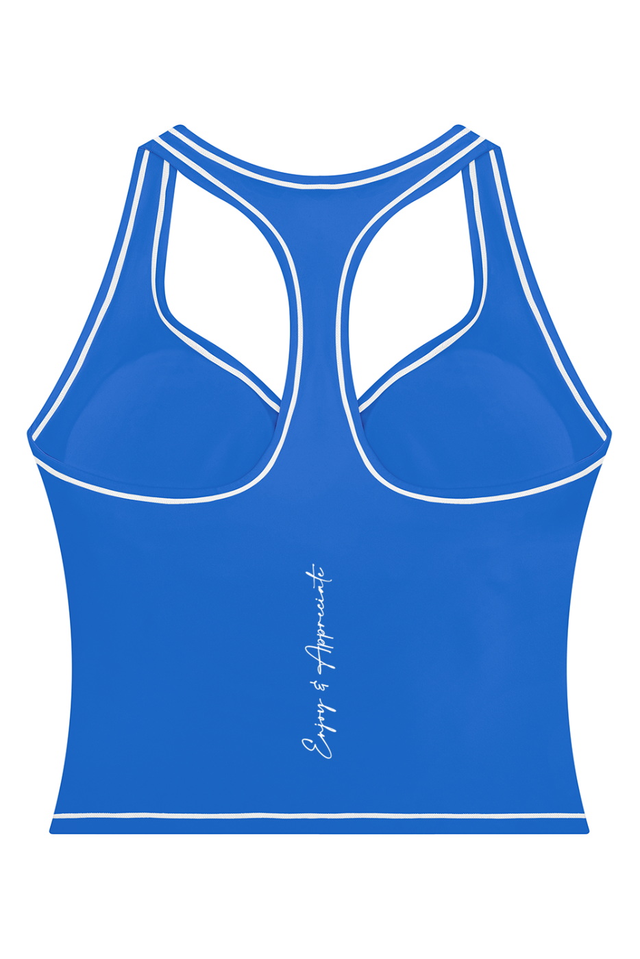 A blue racerback tank top with white contrast stitching and a small white script logo on the lower back, shown on a plain white background.