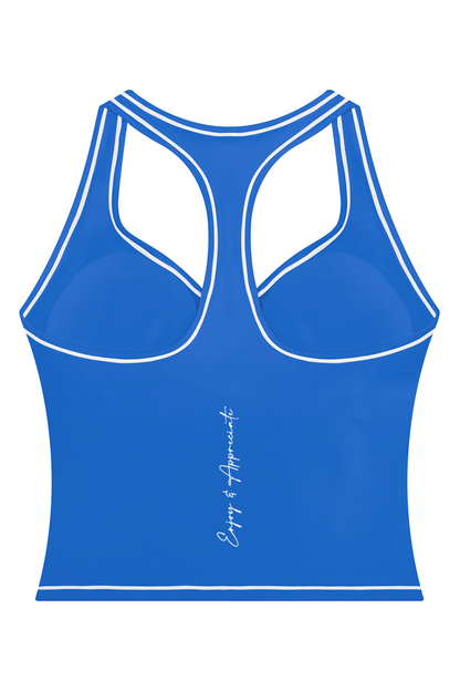 A blue racerback tank top with white contrast stitching and a small white script logo on the lower back, shown on a plain white background.