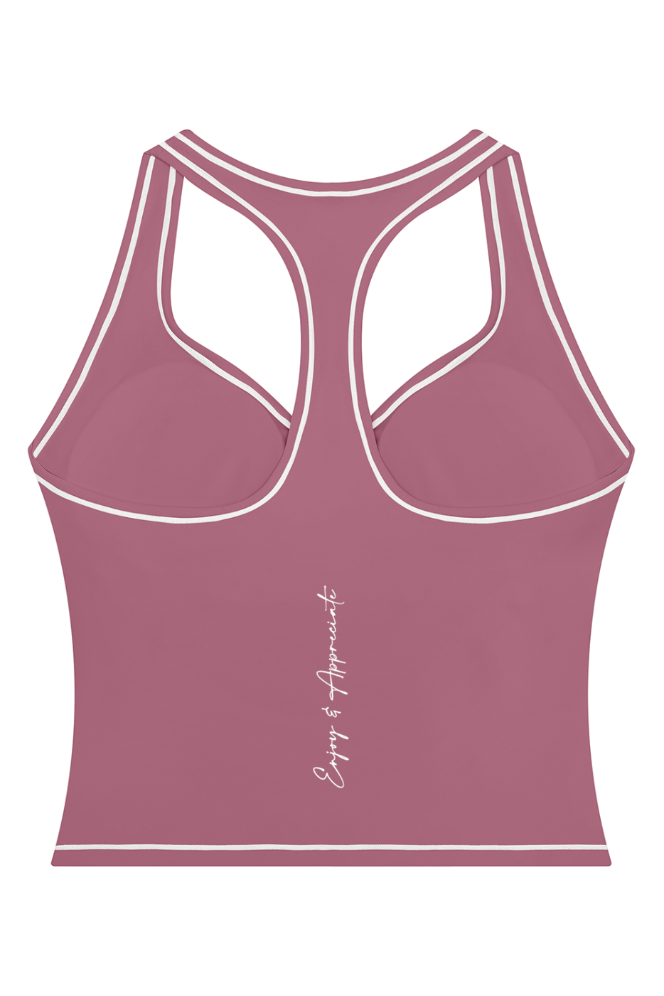 A dusty rose racerback tank top with white contrast piping and a vertical white script logo reading 'Enjoy & Appreciate' on the lower front, shown against a plain white background.