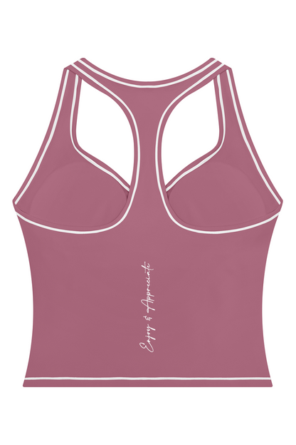 A dusty rose racerback tank top with white contrast piping and a vertical white script logo reading 'Enjoy & Appreciate' on the lower front, shown against a plain white background.