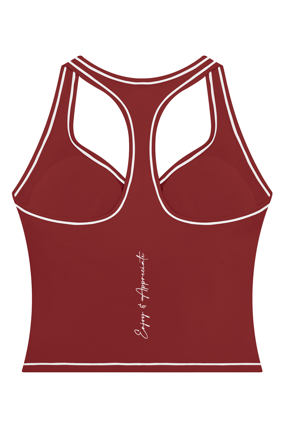 A dark red racerback tank top with white contrast piping and a small white script logo on the lower back, shown on a plain white background.