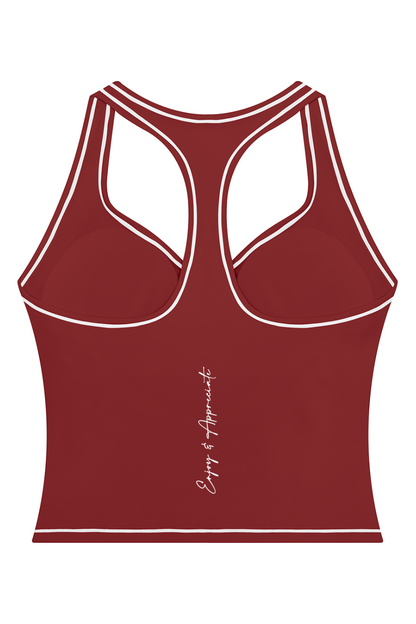 A dark red racerback tank top with white contrast piping and a small white script logo on the lower back, shown on a plain white background.