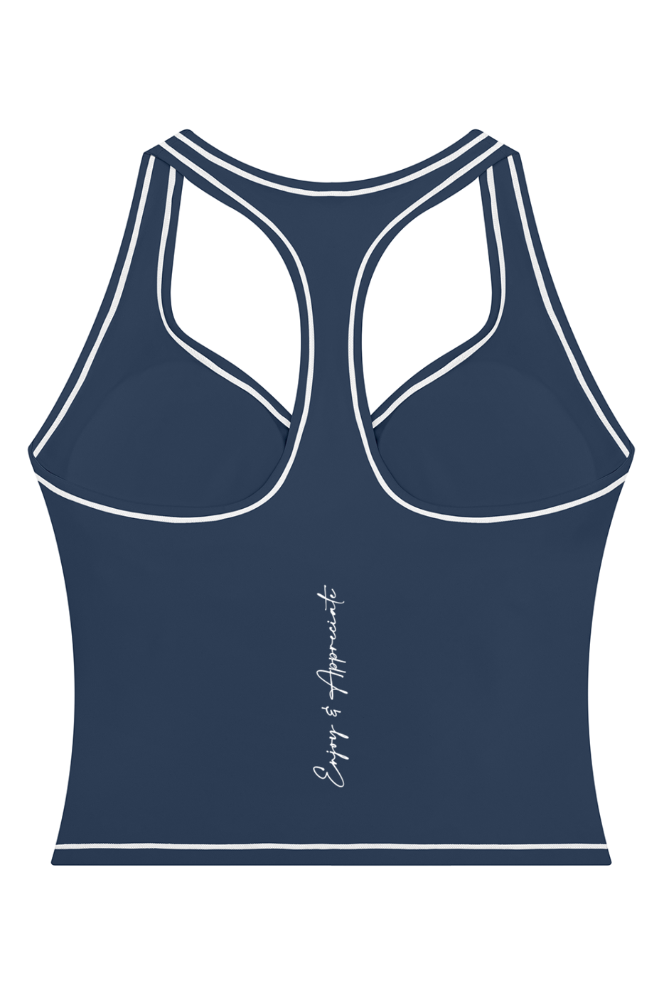 A navy blue racerback tank top with white contrast stitching and a white script logo reading 'Enjoy & Appreciate' on the lower back, shown on a plain white background.