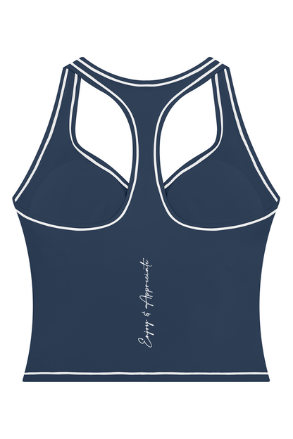 A navy blue racerback tank top with white contrast stitching and a white script logo reading 'Enjoy & Appreciate' on the lower back, shown on a plain white background.
