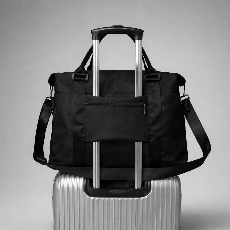 Black nylon rolling duffel bag with silver telescoping handle and adjustable shoulder strap for intentional travel