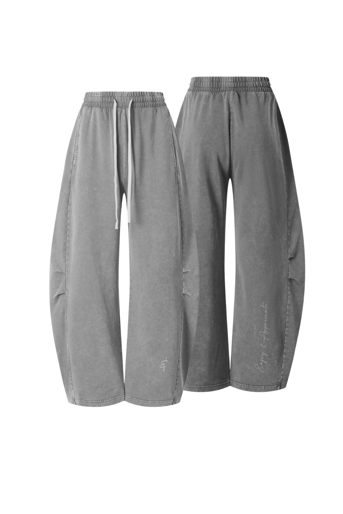 A pair of wide-leg gray sweatpants shown from both the front and back angles against a plain white background.