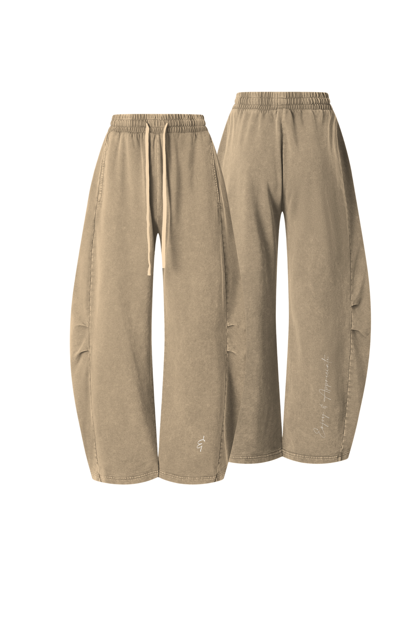 A pair of wide-leg, balloon-style pants in a light tan or khaki color, shown from both the front and back angles against a plain white background.