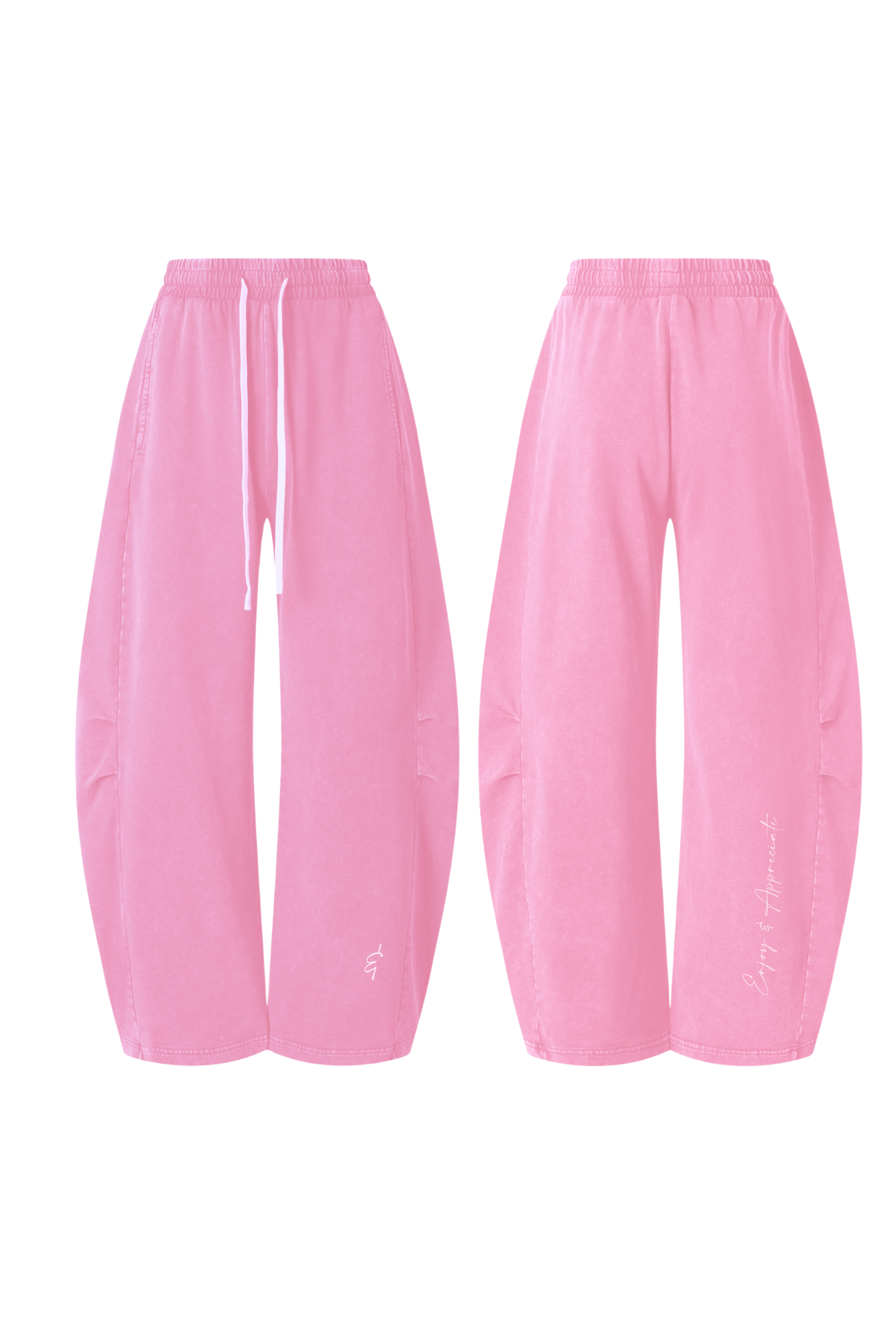 A pair of pink wide-leg jogger pants shown from both the front and back angles on a plain white background.