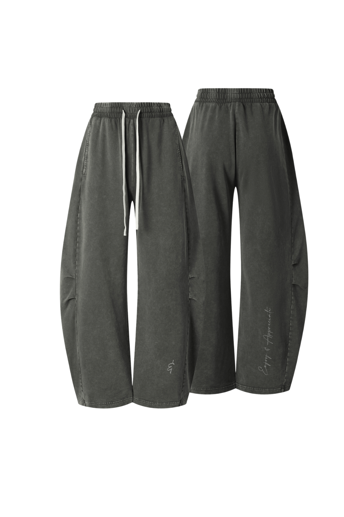 A pair of dark gray wide-leg sweatpants shown from both the front and back angles against a plain white background.
