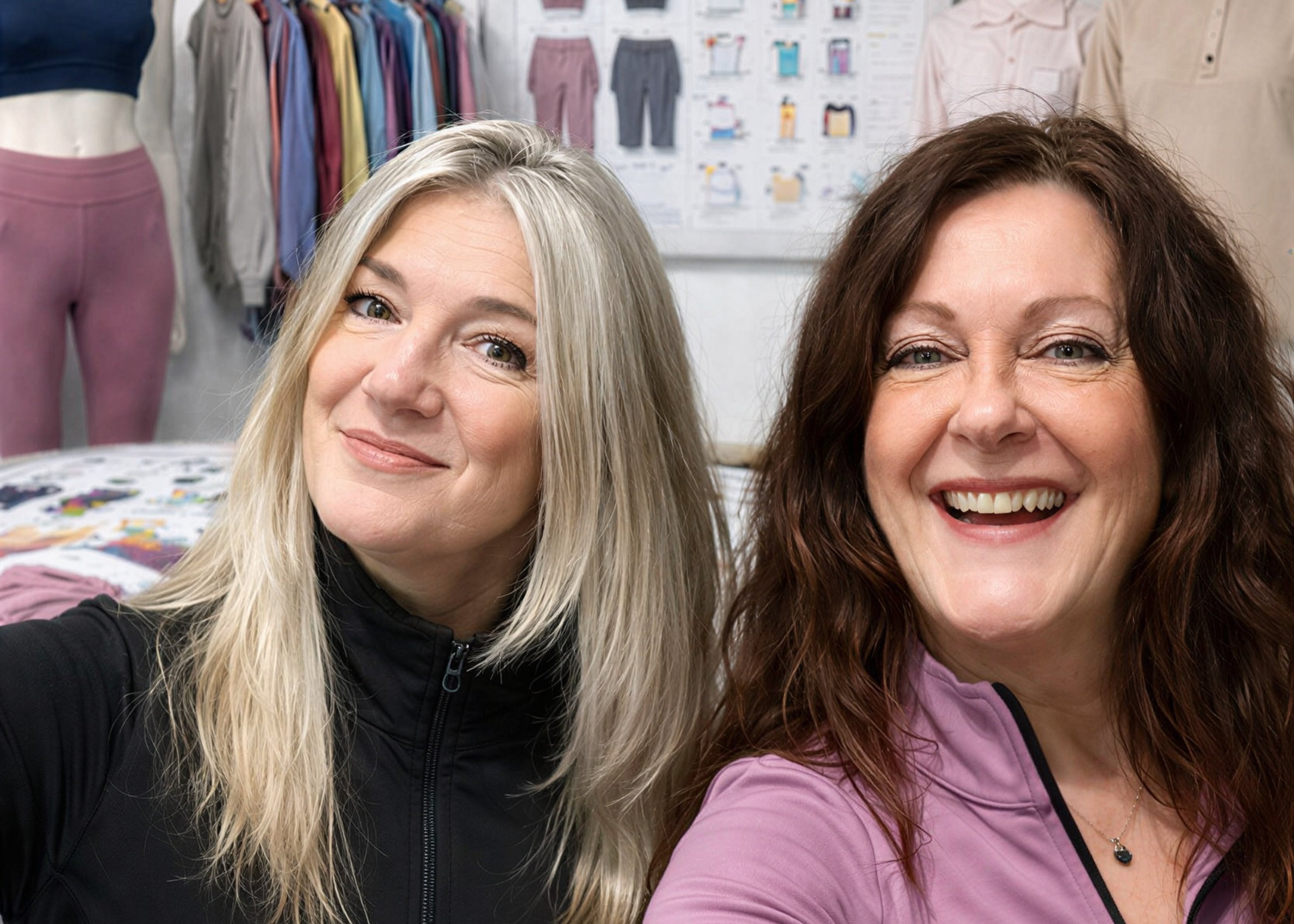 Two women with long hair, one in a black zip-up jacket and the other in a purple top.