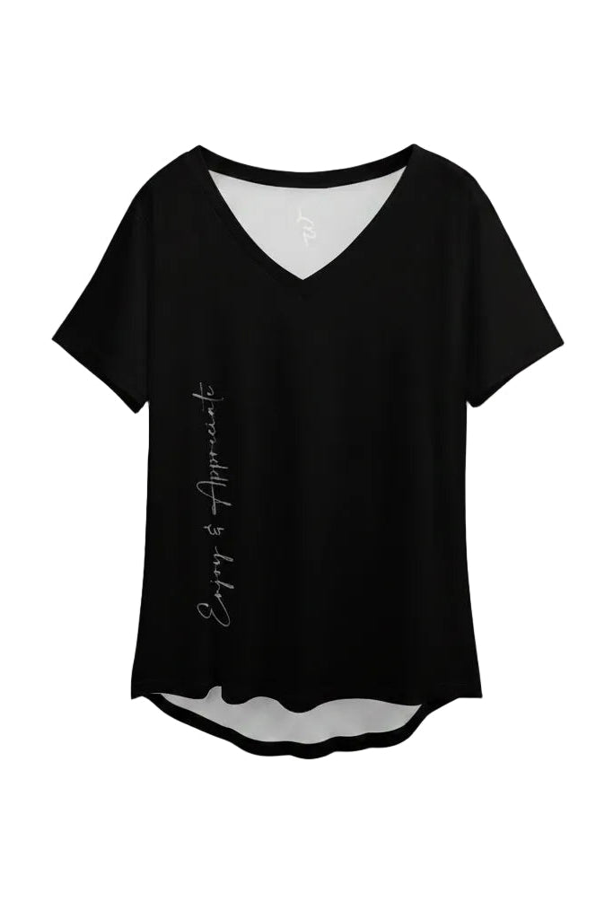 Black t-shirt with text enjoy & appreciate against a gray background
