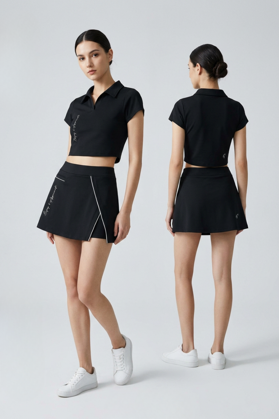 Woman wearing a black polo shirt and skirt set from front and back views on a light gray background