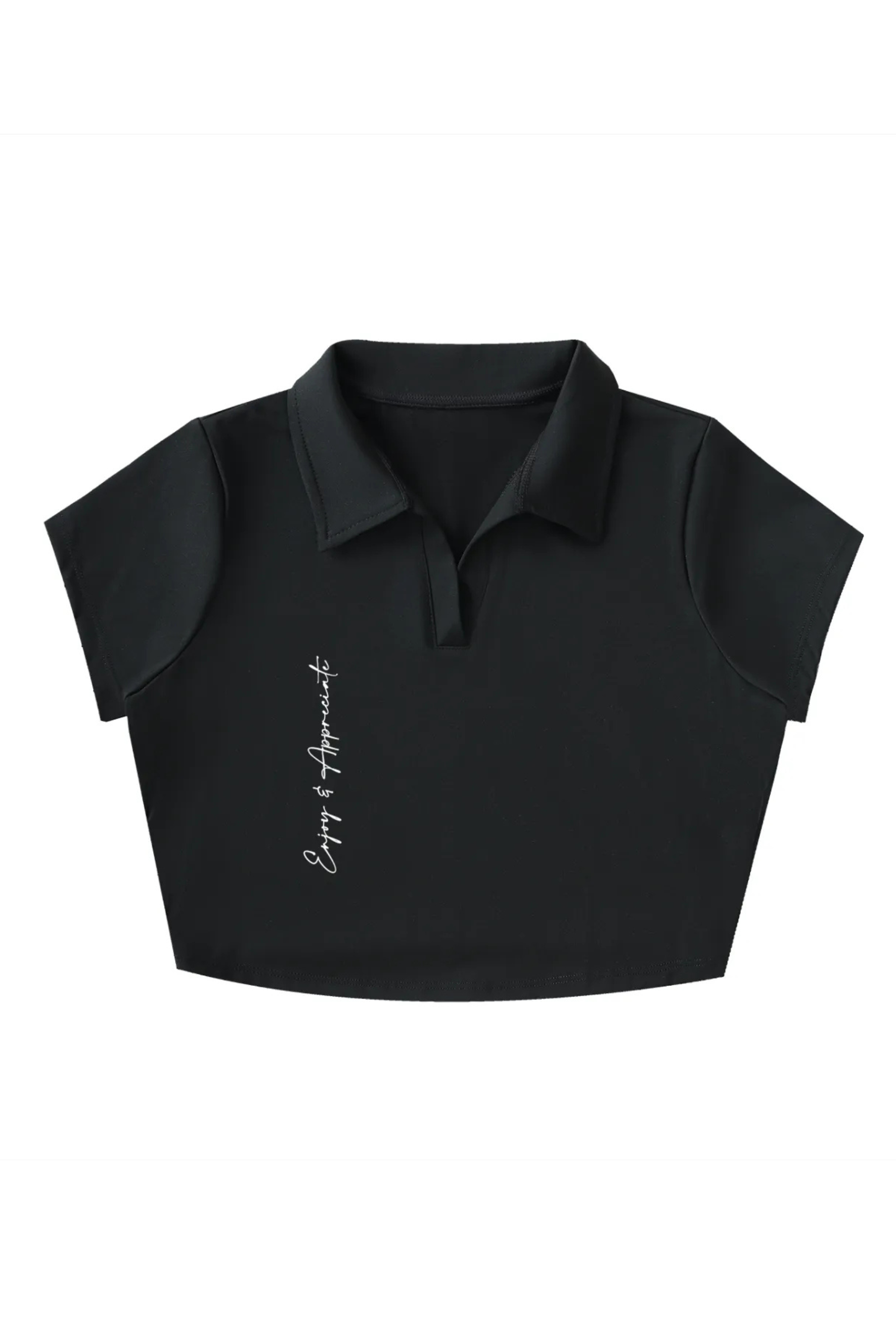 Black crop top with a collar on a white background