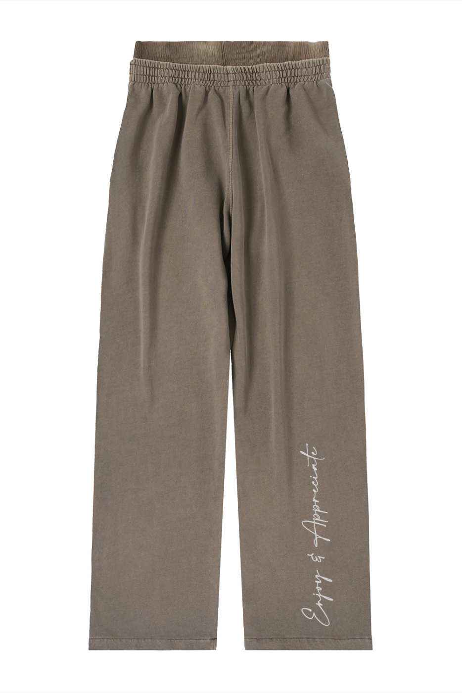 Wide leg sweatpants in olive green with relaxed fit elastic waistband and subtle white cursive script design on leg