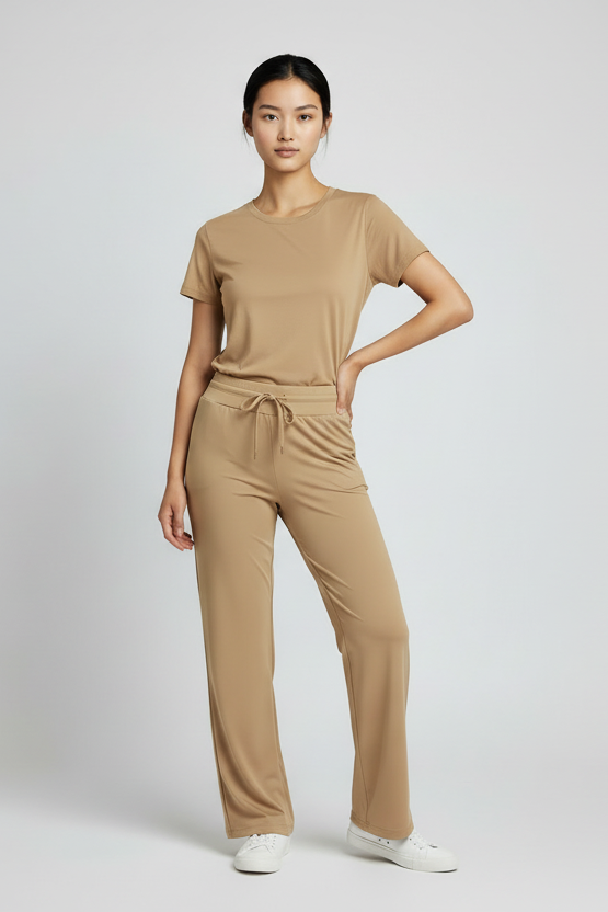 Woman wearing a camel wide leg pants adn matching t-shirt on a white background