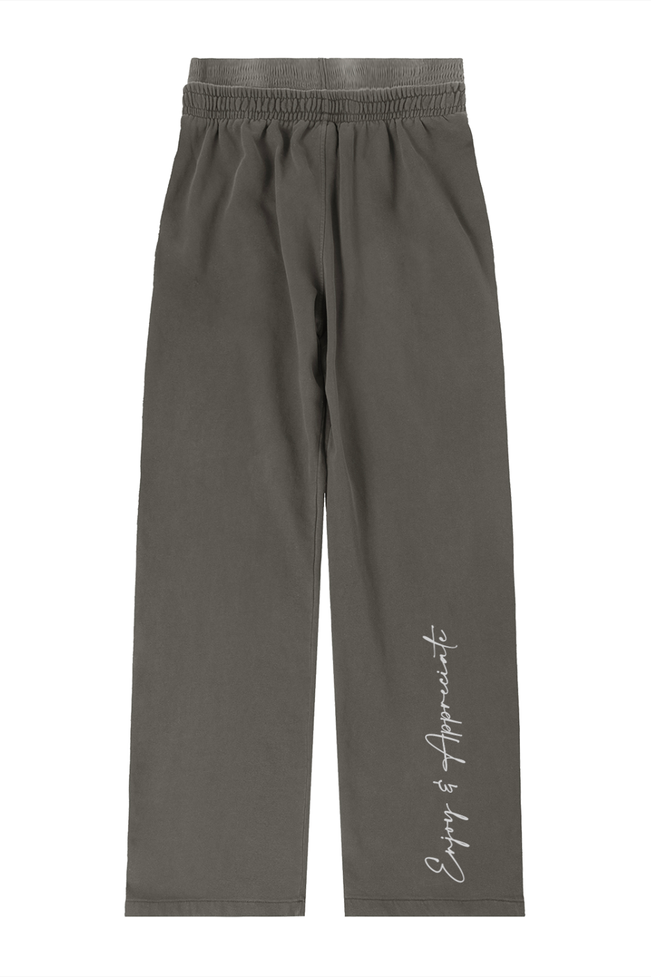 Dark gray wide leg sweatpants with a subtle elastic waistband and white cursive script on the left leg