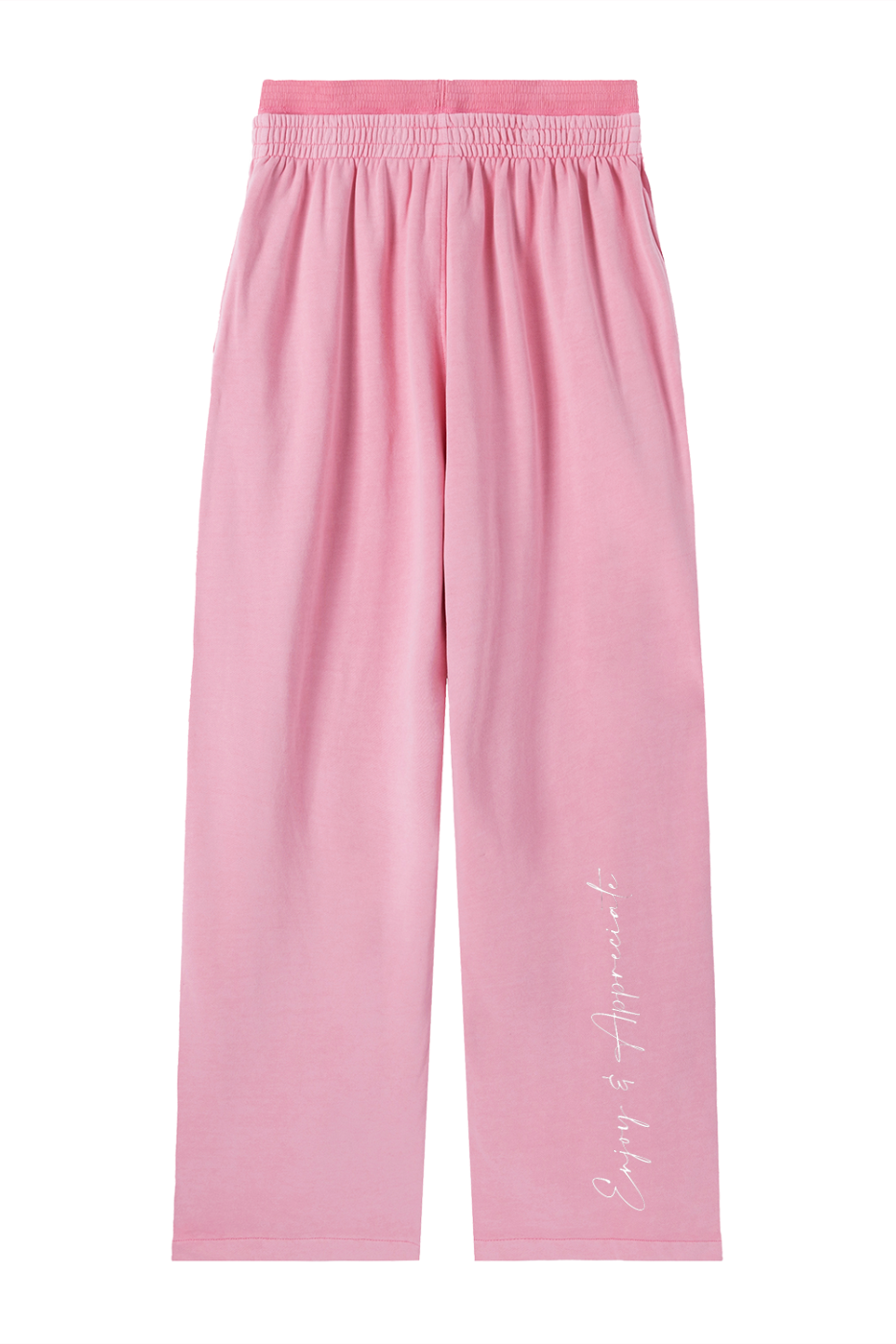 Pink wide leg sweatpants with a stretchy elastic waistband and subtle cursive text on the side