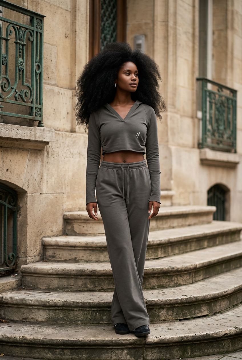 A woman wearing a matching gray wide leg sweatpants and cropped hoodie set made of soft material