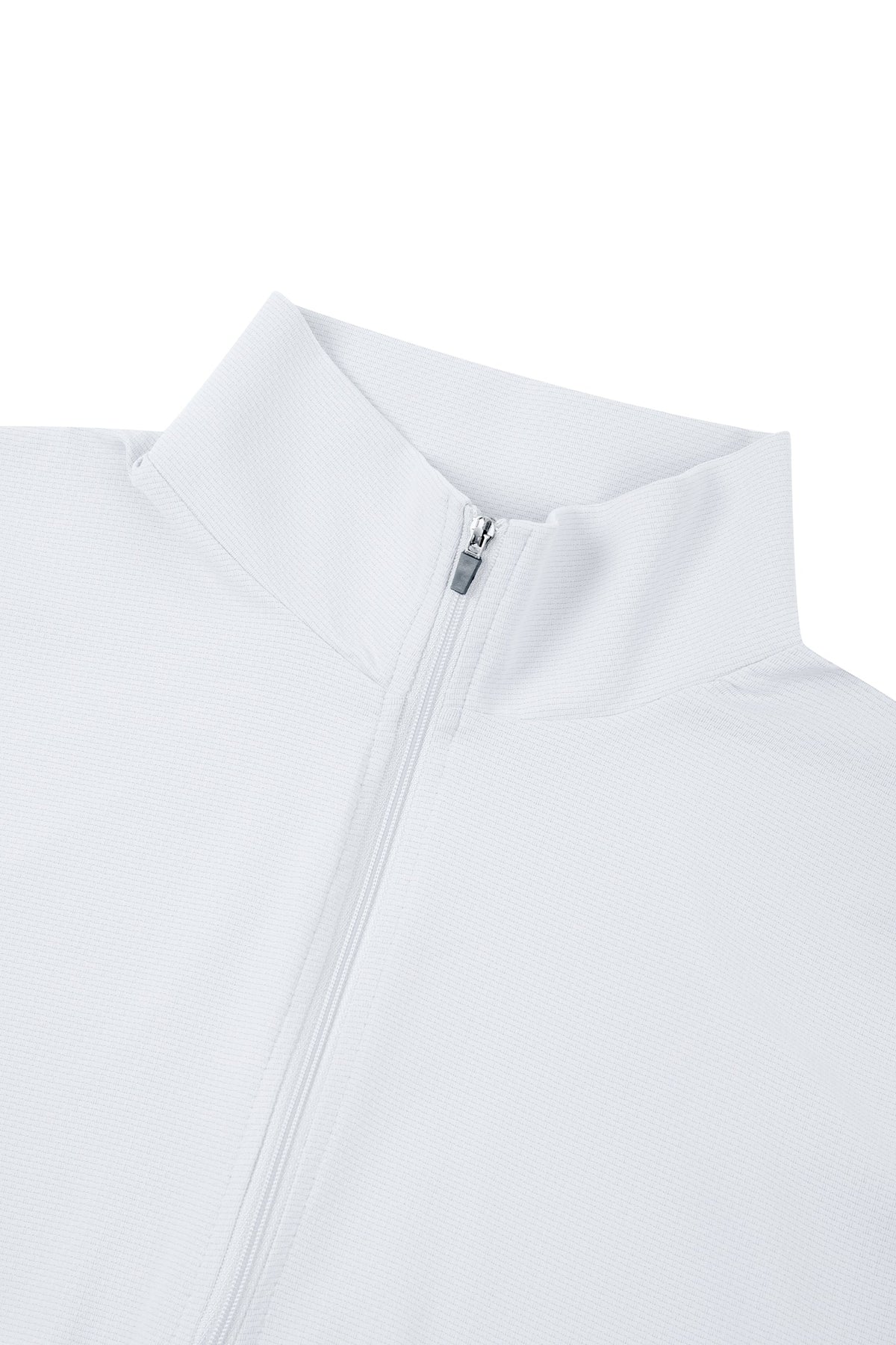 Quarter-Zip Active Pullover in white, close-up of the zip and collar, by Lilliroa