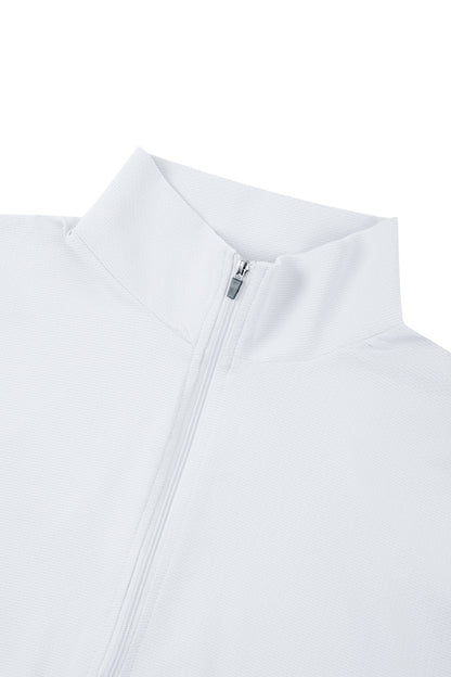 Quarter-Zip Active Pullover in white, close-up of the zip and collar, by Lilliroa