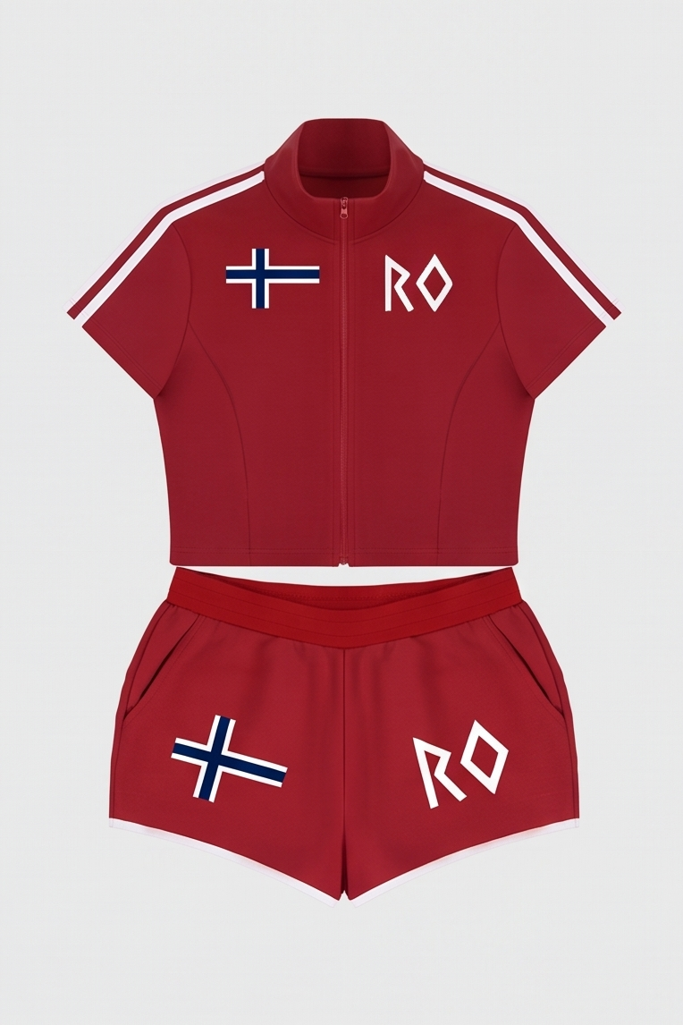 Red women's cropped full-zip activewear top and matching athletic shorts with white trim, Norwegian flag detail and RO logo by Lilliroa.