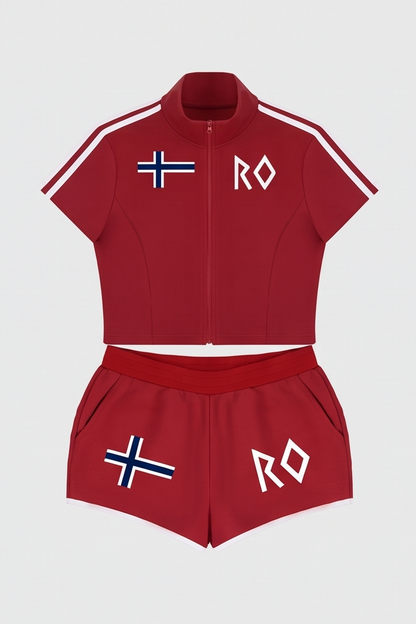 Red women's cropped full-zip activewear top and matching athletic shorts with white trim, Norwegian flag detail and RO logo by Lilliroa.