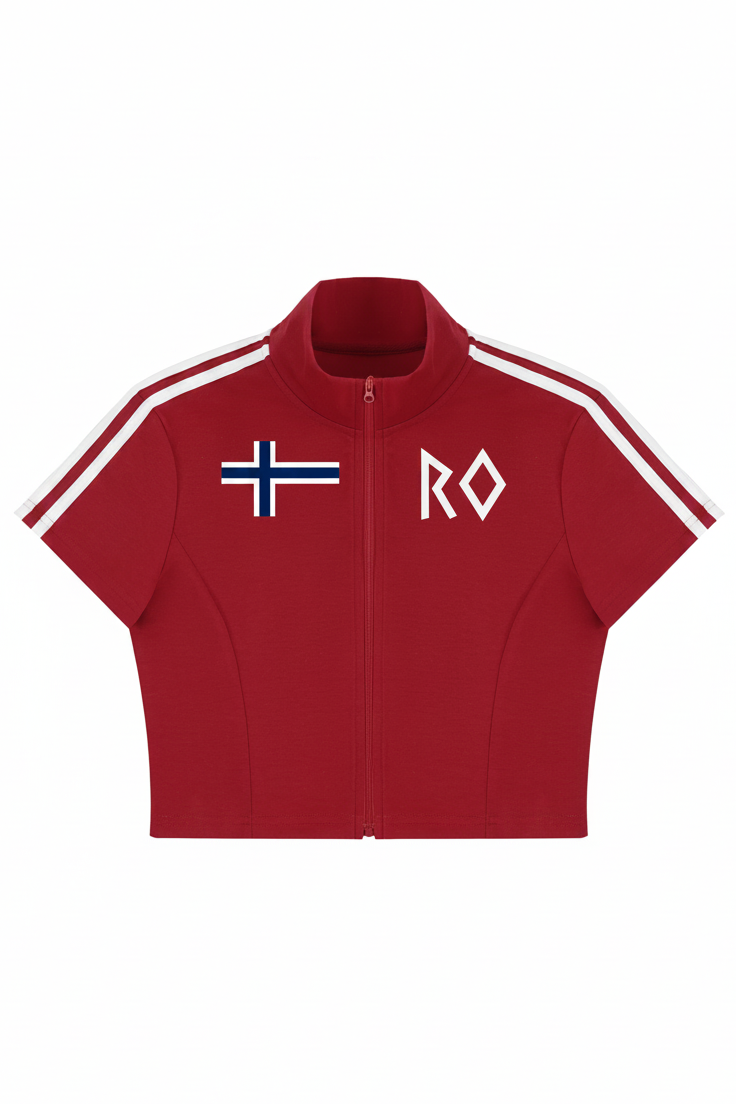 A red short-sleeve zip-up track jacket with white shoulder stripes, featuring the Norwegian flag on the left chest and the white letters 'RO' on the right chest, shown on a plain white background.