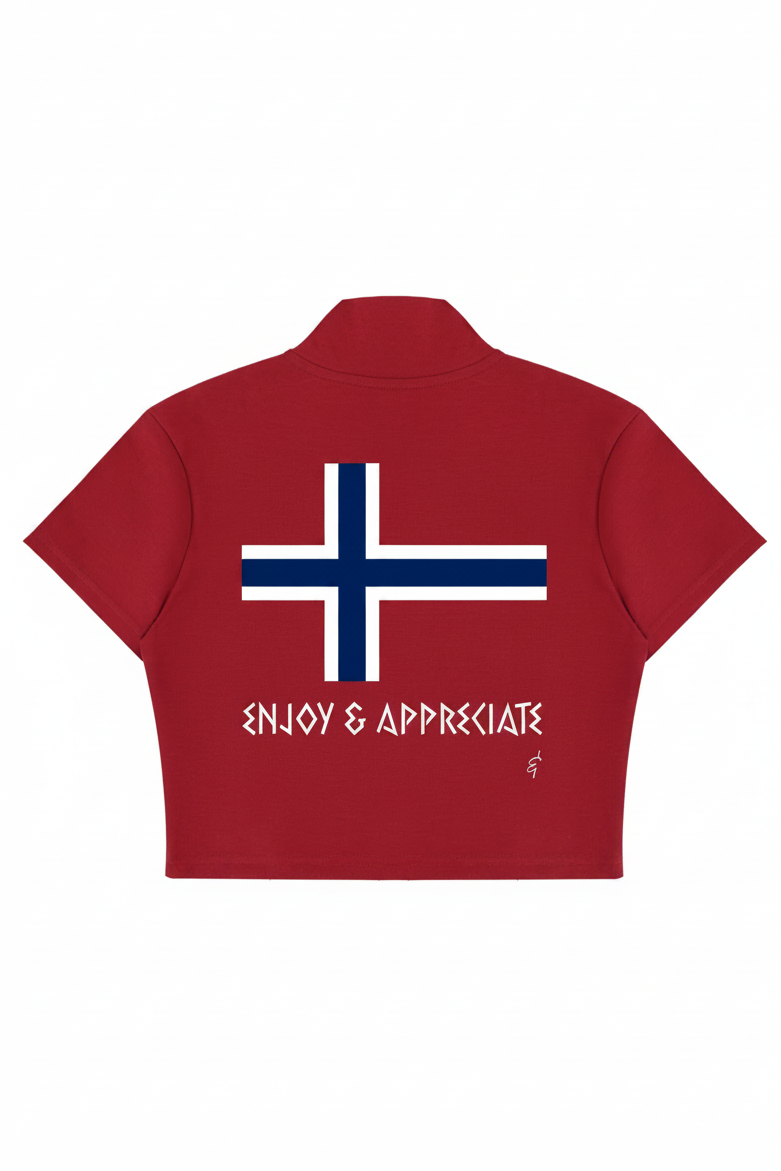 A red short-sleeve crop top shown from the back, featuring a large blue and white Norwegian flag graphic above the white text 'ENJOY & APPRECIATE'.