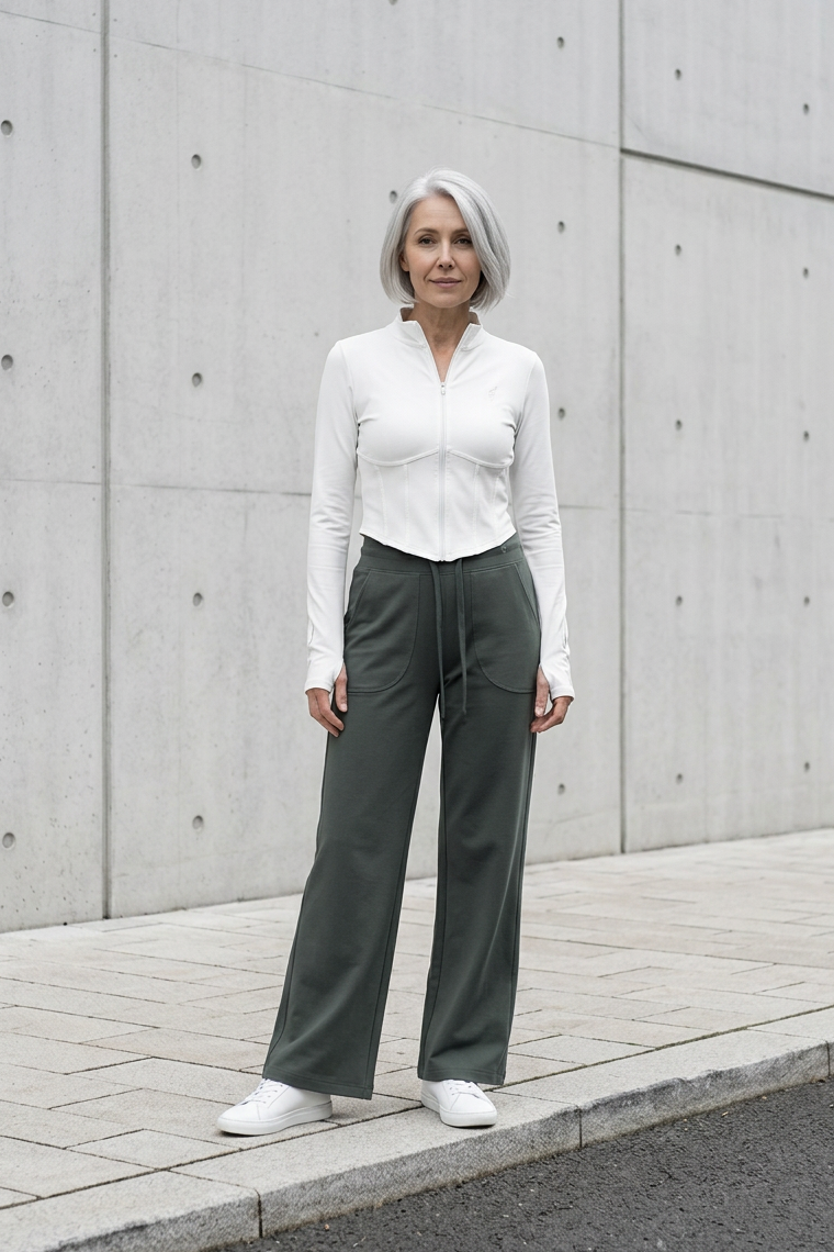 A woman with short gray hair stands outdoors against a light gray concrete wall, wearing a white long-sleeve collared top, dark olive green wide-leg pants, and white sneakers.