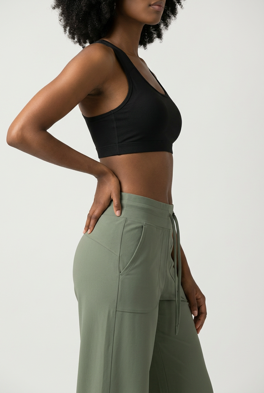 A woman wearing a black sports bra and sage green wide-leg athletic pants, shown from the side against a light gray studio background.