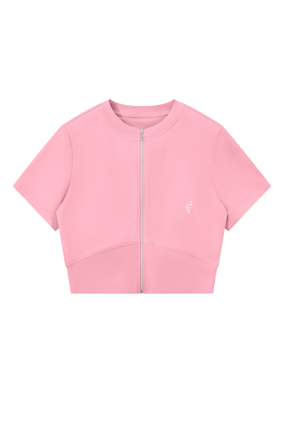 A light pink short-sleeve crop top with a full-length front zipper and a small white embroidered logo on the left chest, displayed on a solid white background.