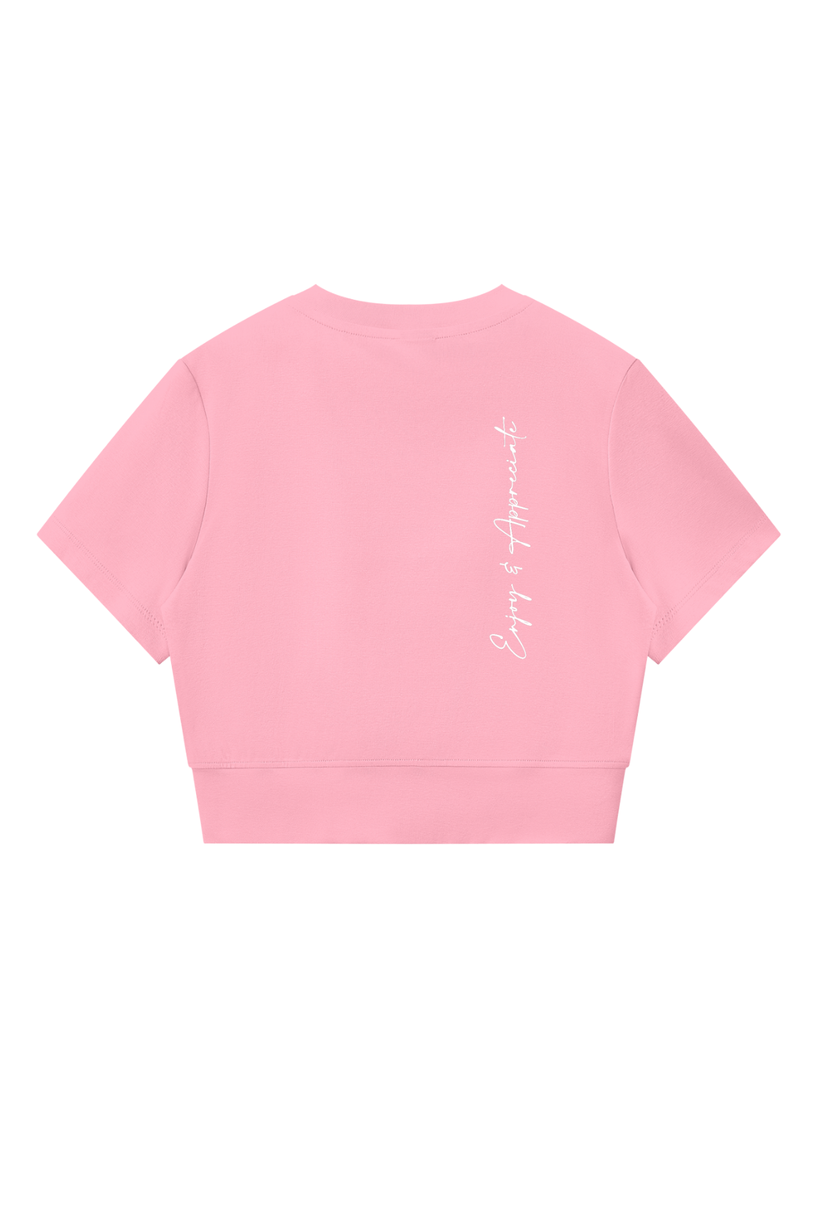 Crop Full Zip T-Shirt in light pink, back view, with vertical white Enjoy & Appreciate script and ribbed hem, by Lilliroa