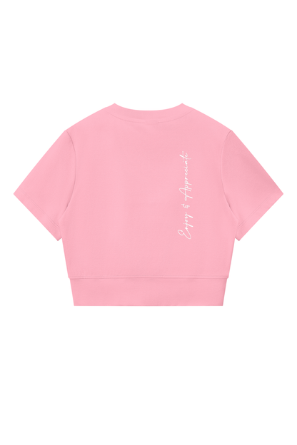 Crop Full Zip T-Shirt in light pink, back view, with vertical white Enjoy & Appreciate script and ribbed hem, by Lilliroa