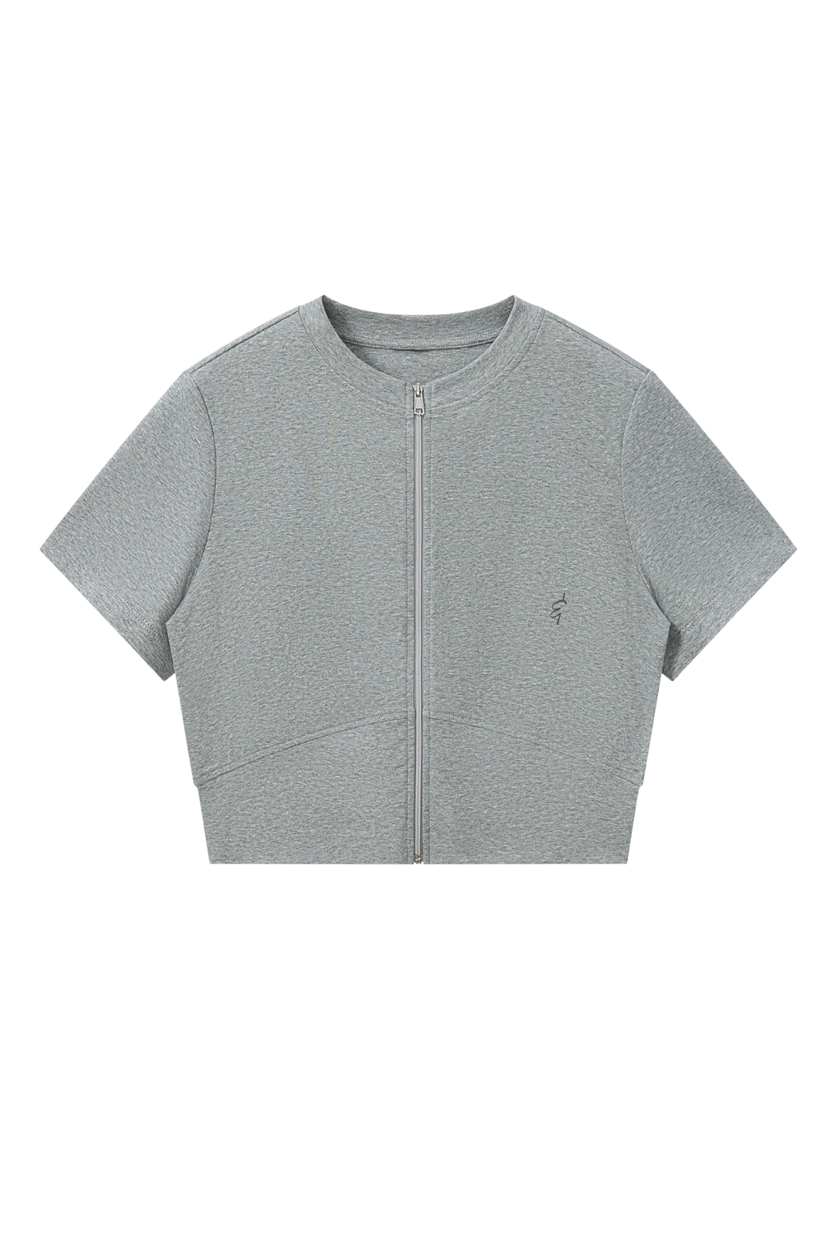 A light gray short-sleeve zip-up jacket with a crew neck and a small embroidered logo on the left chest, displayed flat against a white background.