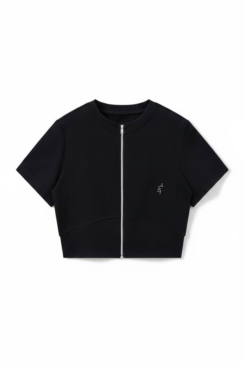 Crop Full Zip T-Shirt in black, by Lilliroa