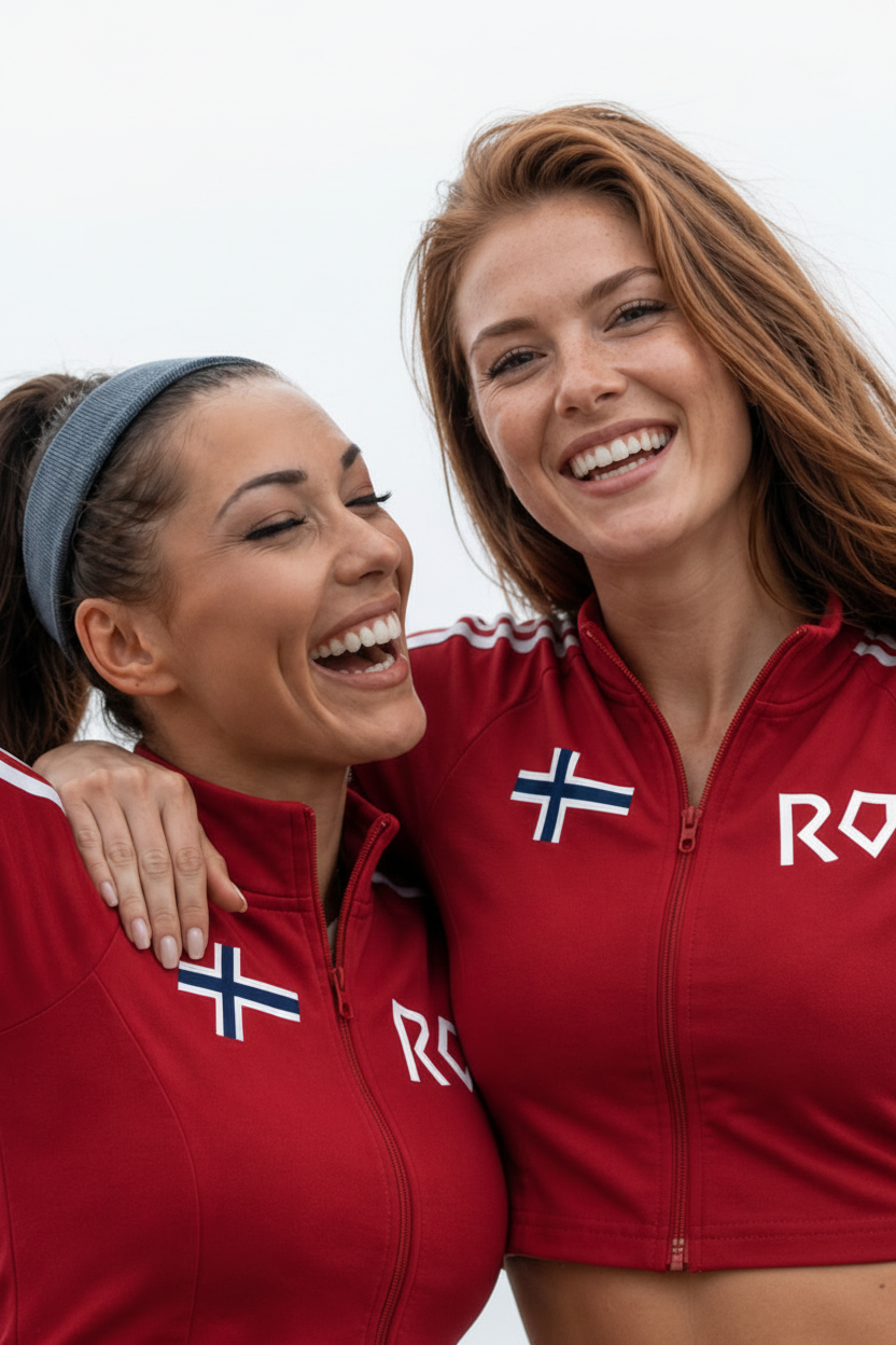 Two women smiling and posing outdoors, both wearing matching red cropped zip-up athletic jackets with white 'RO' lettering and a small blue-and-white Nordic flag on the chest.