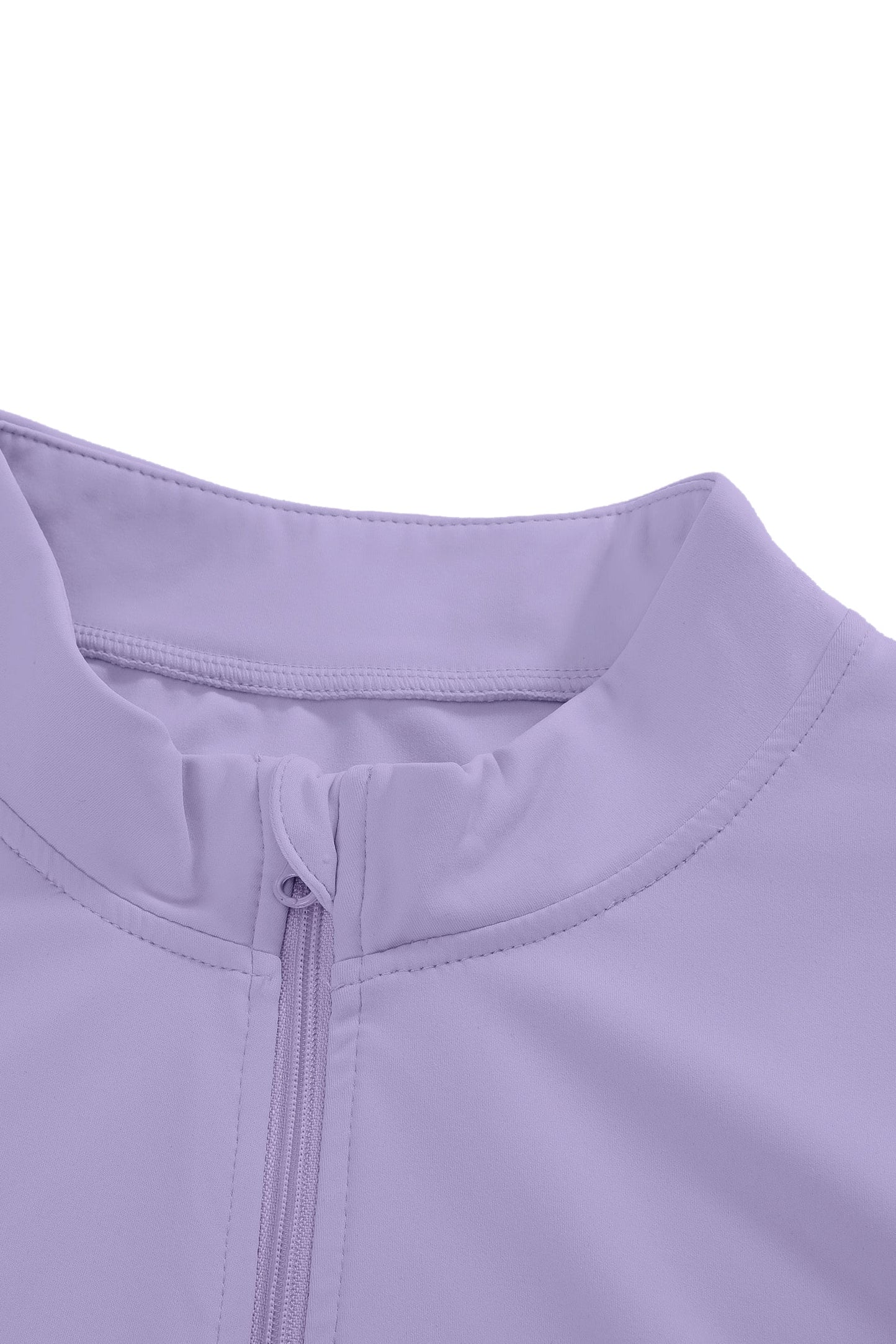 Close-up of a lavender jacket with a zipper on a white background
