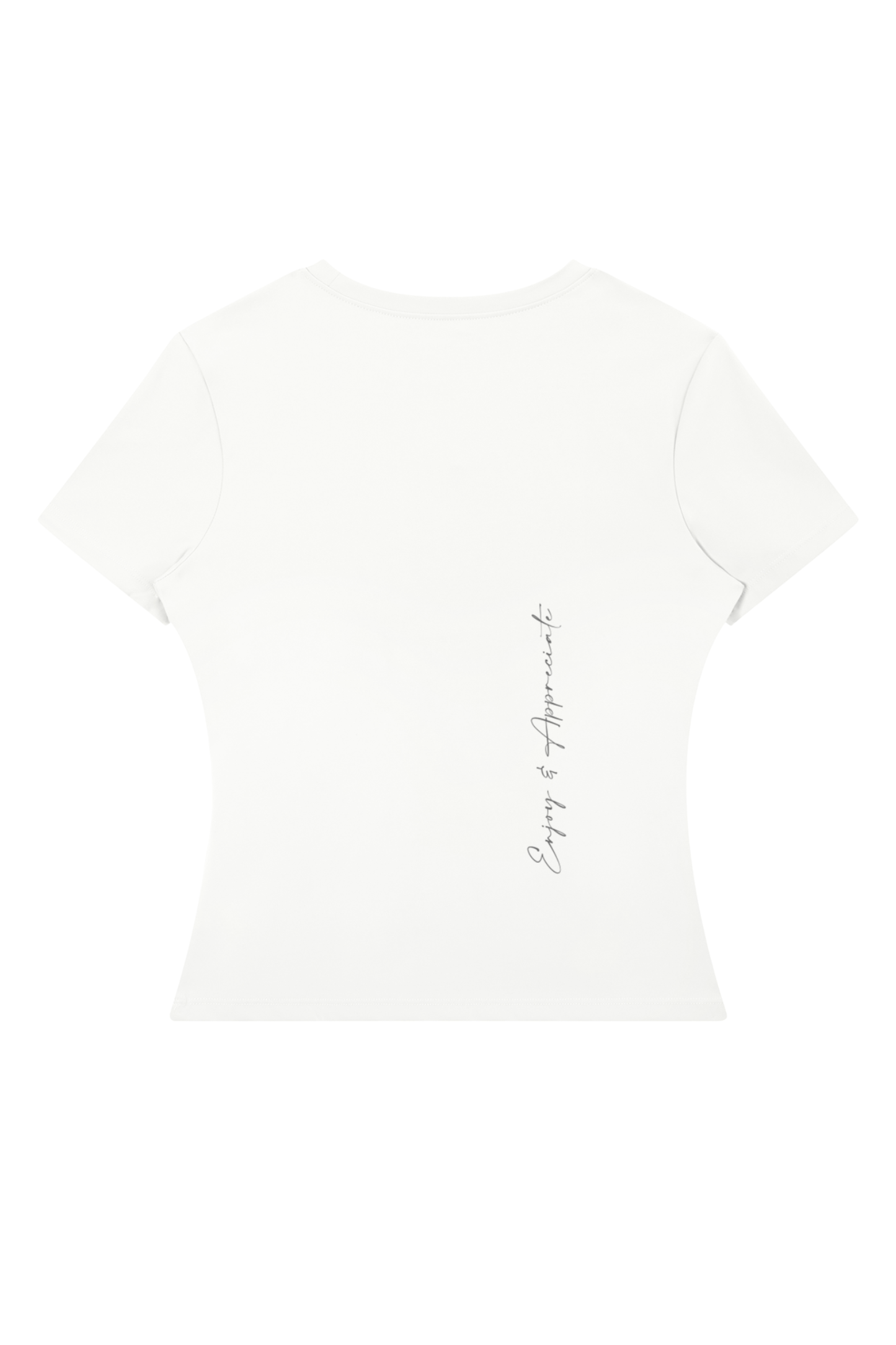 An off-white short-sleeve crop top with a vertical black script print reading 'Enjoy & Appreciate' on the lower right side, displayed against a solid white background.