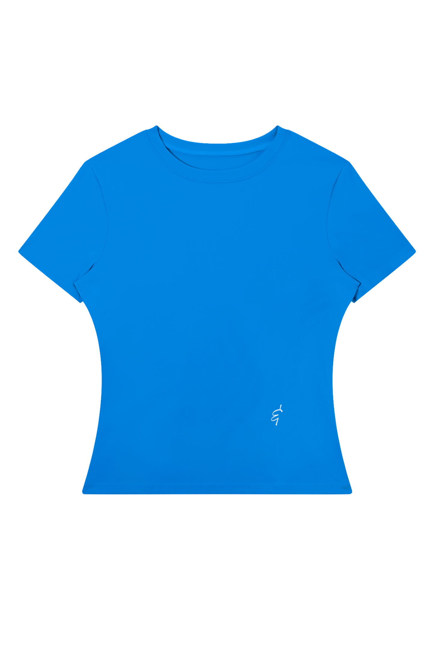 A bright blue short-sleeve crewneck t-shirt with a small white embroidered logo on the lower right front, displayed flat against a solid white background.